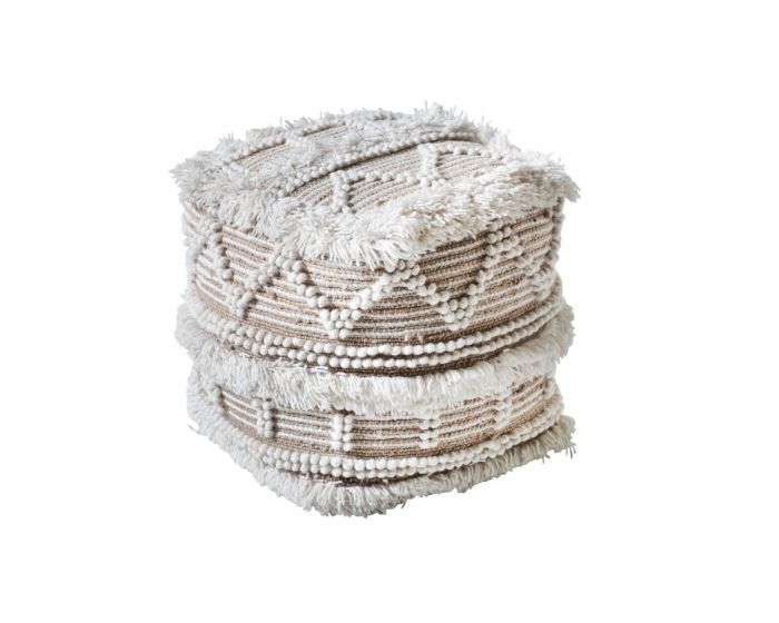 Isaba Hand Woven Pit Loom Natural & lvory Wool Pouffe
