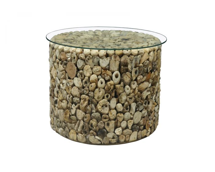 Bluebone Driftwood Drum Lamp Table with Glass Top