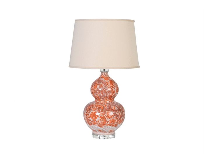 Orange Bulbous Patterned Lamp with Beige Shade